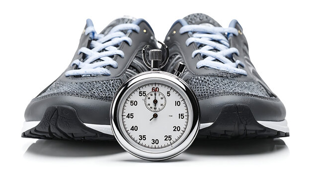 Pair of athletic running shoes and a stopwatch in front, symbolizing fitness, speed, and time management for sports