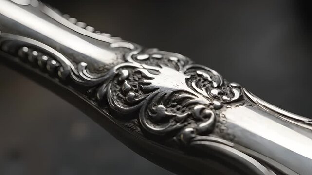 Closeup of ornate antique silver cutlery handle with intricate scrollwork.