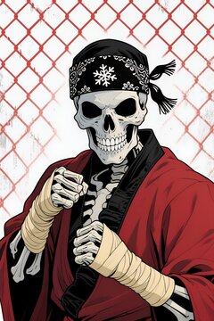 Skeletal Martial Artist: Bandaged Fists in Red Robe with Ornate Headband