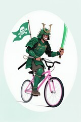Naklejka premium Samurai Pirate on Pink Bicycle: Green Armor with Skull Flag Illustration