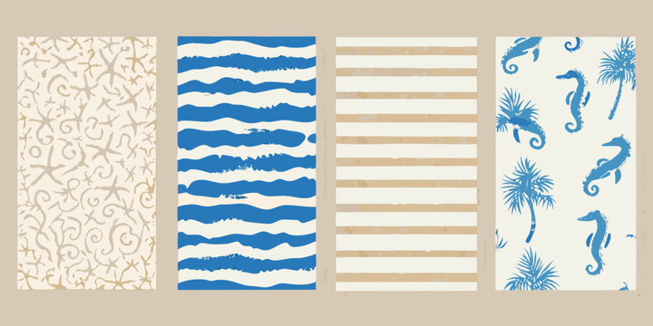 Nautical Pattern Collection With Starfish Waves Stripes And Seahorses