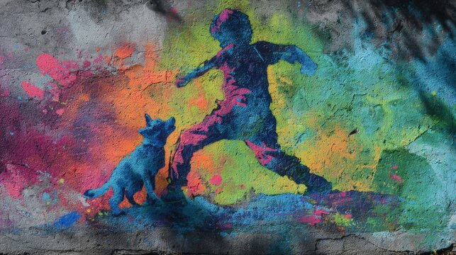 Vibrant chalk art depicts a child and dog mid-play. Colors explode across rough concrete like joyful motion. Child leaps with playful energy, dog beside them