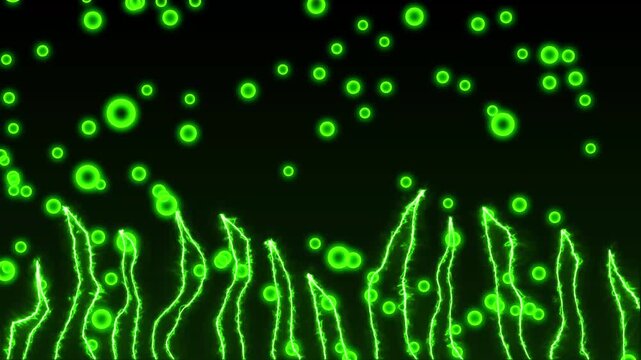 Bioluminescent organisms float across an abstract underwater background. Microscopic bioluminescent organisms create organic scientific motion designs. Bioluminescent organisms theme.