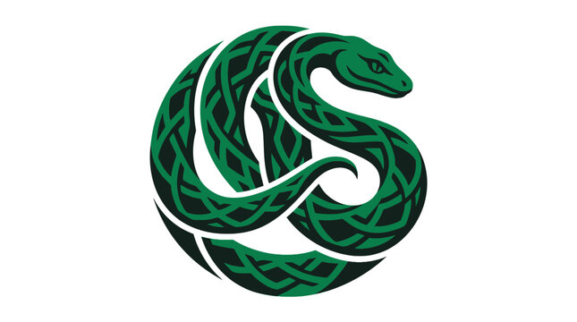Green coiled serpent with Celtic knotwork pattern in circular shape
