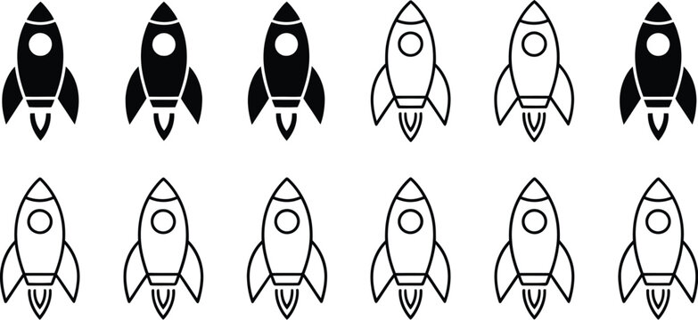 Rocket icon vector set, space launch and startup growth symbols for web app business and technology graphics.