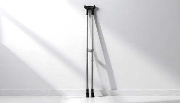 Pair of medical crutches standing against a textured white wall with soft light and shadow patterns, representing recovery and rehabilitation