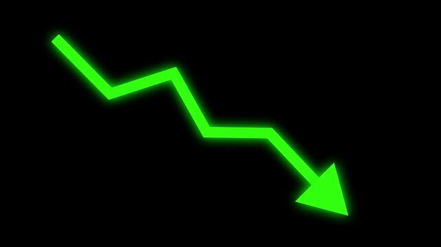 Directional downward arrow visualizes falling financial stock market values. Technical downward arrow indicates negative corporate revenue trends. Financial crisis with downward arrow.