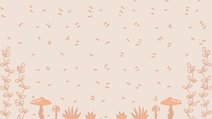 Aesthetic hand-drawn background illustration featuring cute mushrooms, grass clumps, and climbing leafy vines with a rain sprinkle pattern on a soft beige backdrop. © Isti