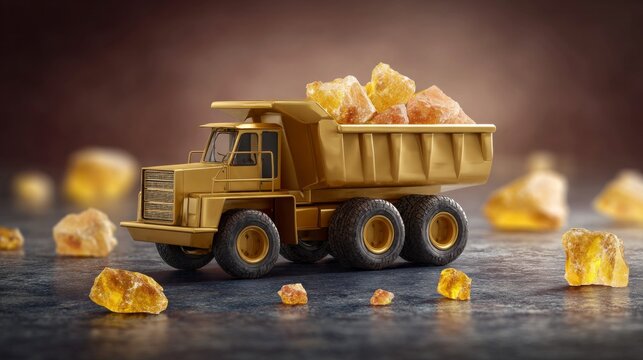 Small Toy Dump Truck with Rock Sugar and Crystals on Dark Surface