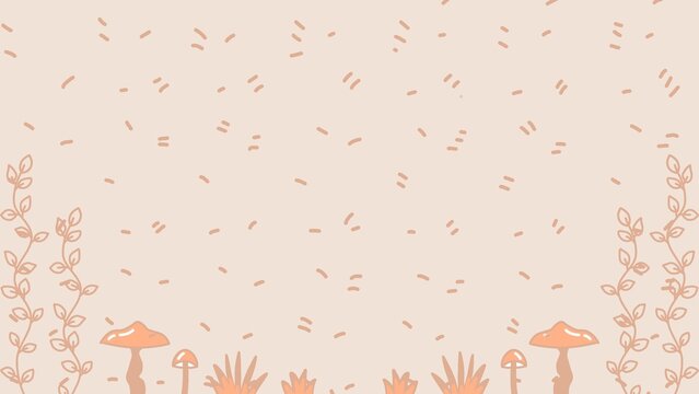 Aesthetic hand-drawn background illustration featuring cute mushrooms, grass clumps, and climbing leafy vines with a rain sprinkle pattern on a soft beige backdrop.