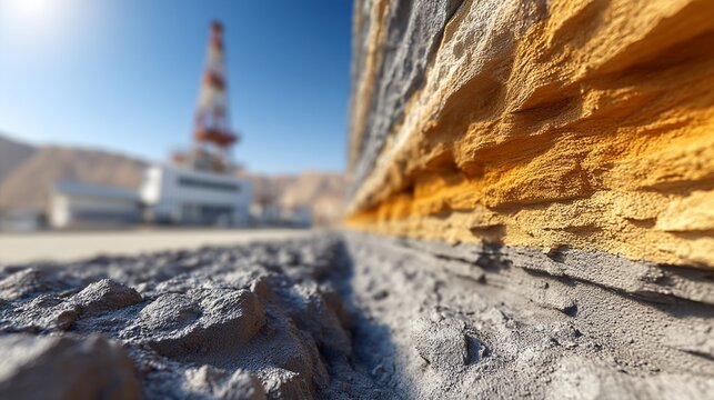 Close-up of layered sandstone rock cliff with construction site in background