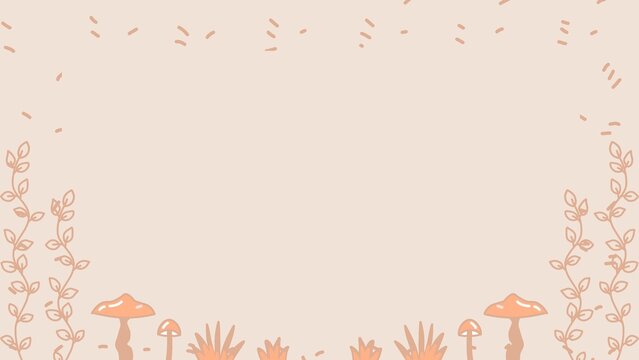 Aesthetic hand-drawn background illustration featuring cute mushrooms, grass clumps, and climbing leafy vines with a rain sprinkle pattern on a soft beige backdrop.