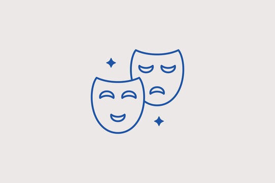 Theater masks line icon for bipolar mood changes. Expressive vector illustration for psychiatric disorder charts.