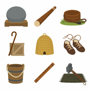 Traditional icon set: stone quern, wooden staff, coiled rope, shepherd's crook, crate, straw beehive skep, leather shoes, wooden bucket, flute, and a hammer on tartan fabric.