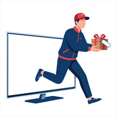 Fototapeta premium Delivery man jumping out of computer screen with gift box for online shopping
