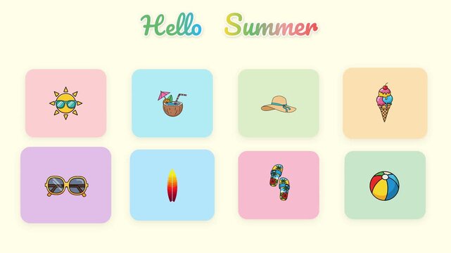 Hello Summer Pixel Art Animation Of Beach Essentials. 4K Video