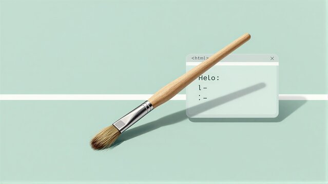 Paintbrush rests beside code window symbolizing creative web