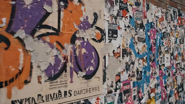 Graffiti Covered Wall With Torn Posters and Urban Art.