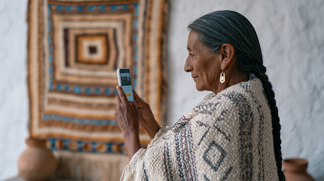Peruvian textile artisan photographing finished handwoven piece against white wall for online marketplace listing, smartphone propped on clay pot, traditional patterns now tagged with searchable has