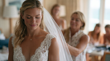 Fototapeta premium Morning bridal preparation scene of hairstylist pinning veil onto bride while mother of bride watches in background of sunlit suite, other bridesmaids reviewing ceremony timeline at table, summer we