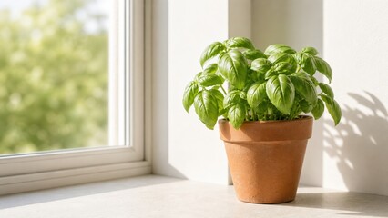 Fototapeta premium Basil plant sits in a pot near window with sunlight illuminating the scene in a home setting during daytime