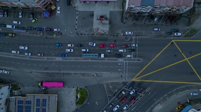 Port Klang city intersection aerial view showing traffic. Nice aerial view drone