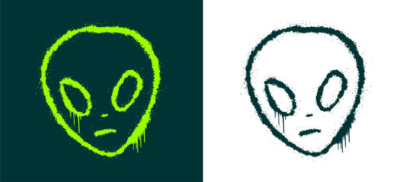 Alien creep doodle graphic displaying spooky extraterrestrial creature ufo monster face on dark green background for alternative youth culture streetwear clothing brand apparel merchandise clip art.