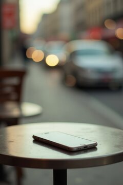 Mesa de caf&eacute; en la calle, tel&eacute;fono, suave desenfoque de tr&aacute;fico, paleta de colores neutros c&aacute;lidos color crema topo