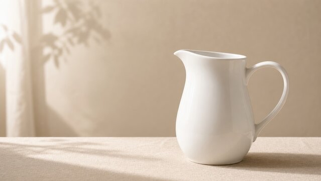 White ceramic pitcher placed on simple table with soft light filtering through a curtain during morning hours