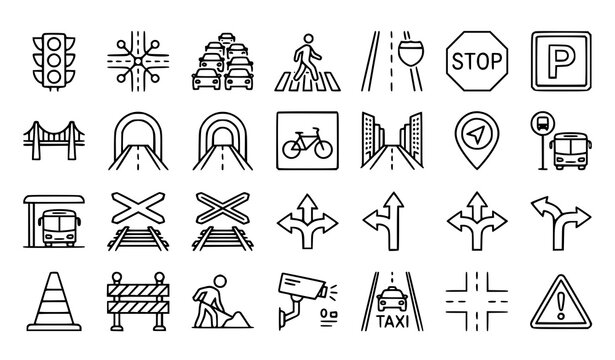 Thin line traffic vector icons with city street road network and transportation symbols set