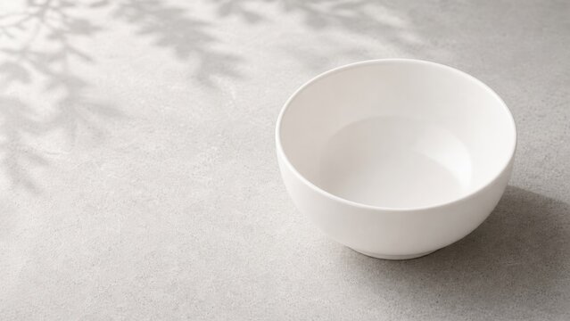 Simple white bowl placed on a gray surface with natural light casting shadows from nearby objects