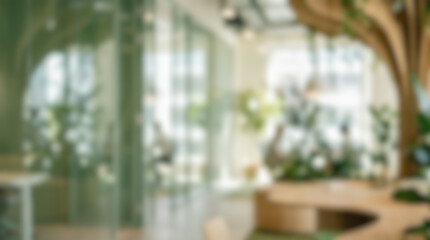 abstract out of focus blurred green eco office workspace interior eco-friendly sustainable corporate design glass walls tropical plants background © Celt Studio