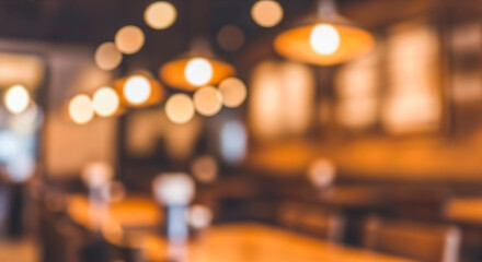 Blurred abstract background warm light cozy cafe interior glowing bokeh circles empty wooden tables chairs modern restaurant design space copy text backdrop © Celt Studio