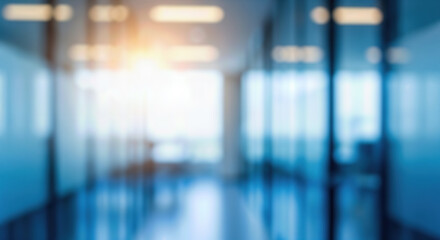Blurred abstract background modern office hallway sun glare flare corporate business interior empty space corridor professional workplace bright blue tone company design backdrop defocus architecture © Celt Studio