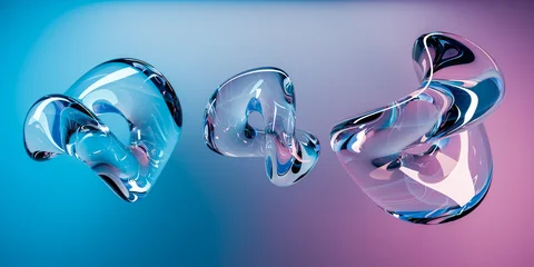 Fotobehang Kunst Abstract futuristic background featuring floating transparent organic glass fluid shapes glowing over vibrant blue pink violet gradient studio backdrop concept 3d rendering  © Celt Studio