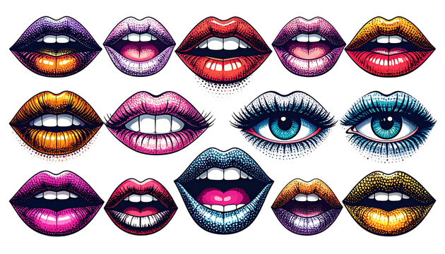 pixel art collection of diverse lips and eyes in vibrant colors, digital illustration