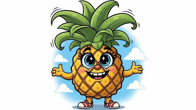 Cute Cartoon Pineapple Character Mascot with Big Eyes and Happy Expression