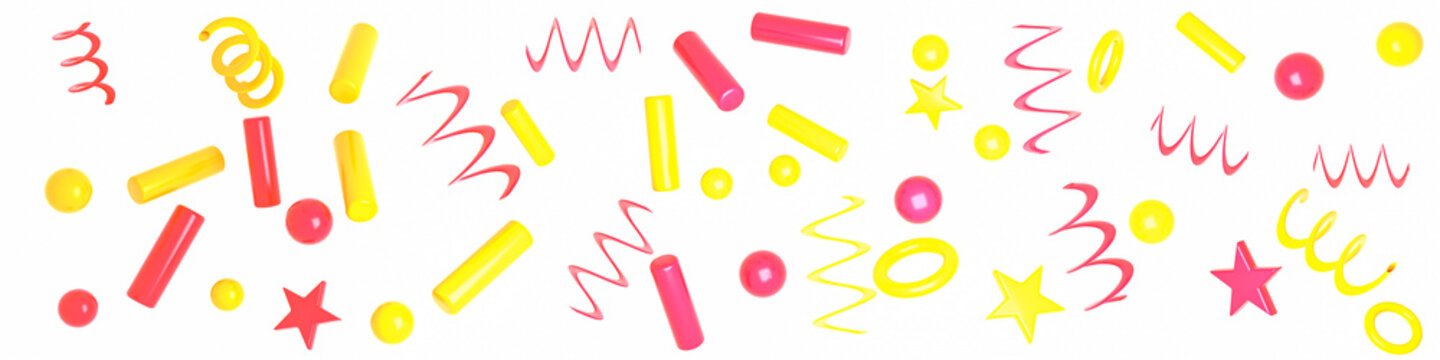 Panoramic abstract background showcasing playful pink yellow floating geometric elements including glossy cylinders spheres stars randomly scattered over bright clean white space 3d rendering