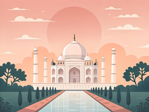 Minimal Nordic illustration of the Taj Mahal at sunrise