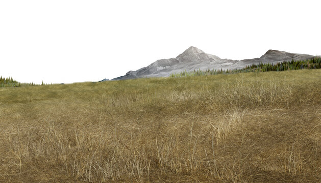 mountains in the mountains/High-resolution render of a realistic mountain landscape with a dry grass meadow field, isolated on a white background for easy compositing.