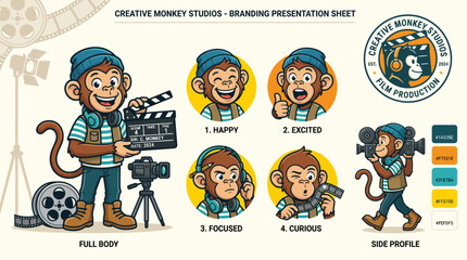 Cartoon monkey operating a film camera. © stock