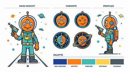 Colorful astronaut and planets illustration set. © stock
