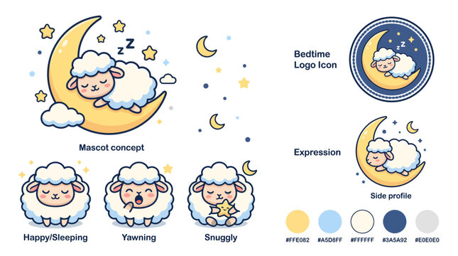 Cute cartoon sheep sleeping on moon.