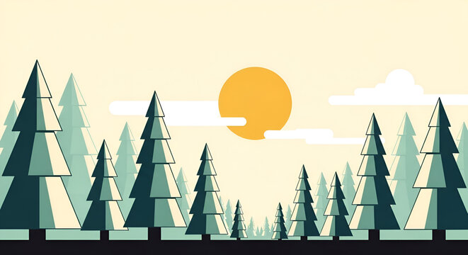 Geometric forest landscape with pine trees at sunset