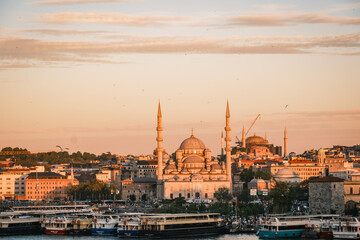 Obraz premium Yeni Cami New Mosque grand domes and minarets with seagulls flying in the sky, historic Eminonu district and traditional urban architecture in Istanbul, Turkey.