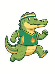 Fototapeta premium Cute Crocodile Mascot Running in Green Yellow Sports Shirt with Flame Logo