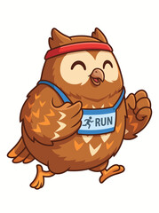 Fototapeta premium Chubby Owl Mascot Jogging with Run Race Bib and Red Headband Smiling