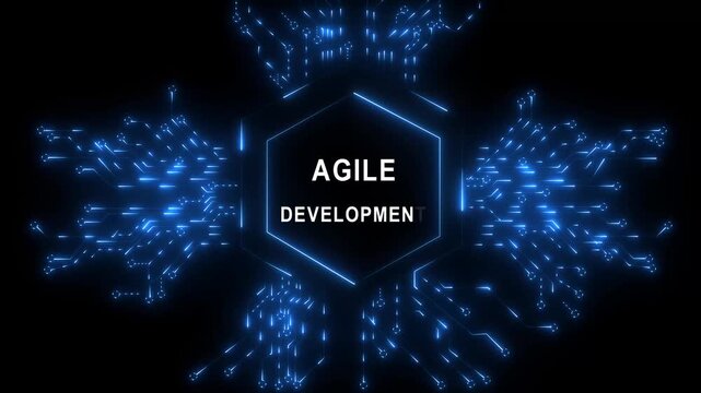 Glowing Agile developme emblem surrounded by digital networks and swirling black background 4k video...