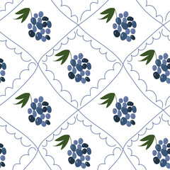 Fototapeta premium Mediterranean ceramic tile seamless pattern with hand drawn vector grapes.