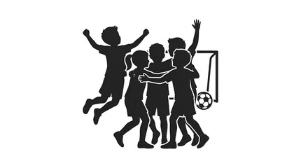 Obraz premium Silhouette of several children hugging and celebrating after a goal, conveying camaraderie, isolated on a white and transparent background.